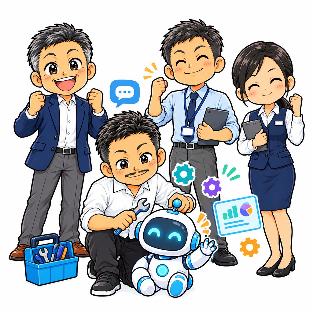 石本が御社専用のAIロボットを組み立てるイラスト