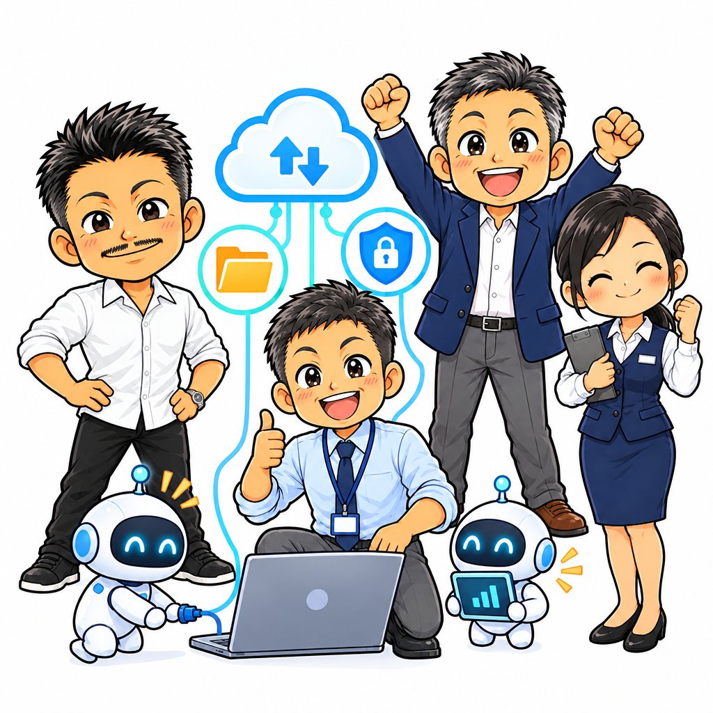 パソコンとクラウド・共有フォルダ・セキュリティをつなぐイラスト