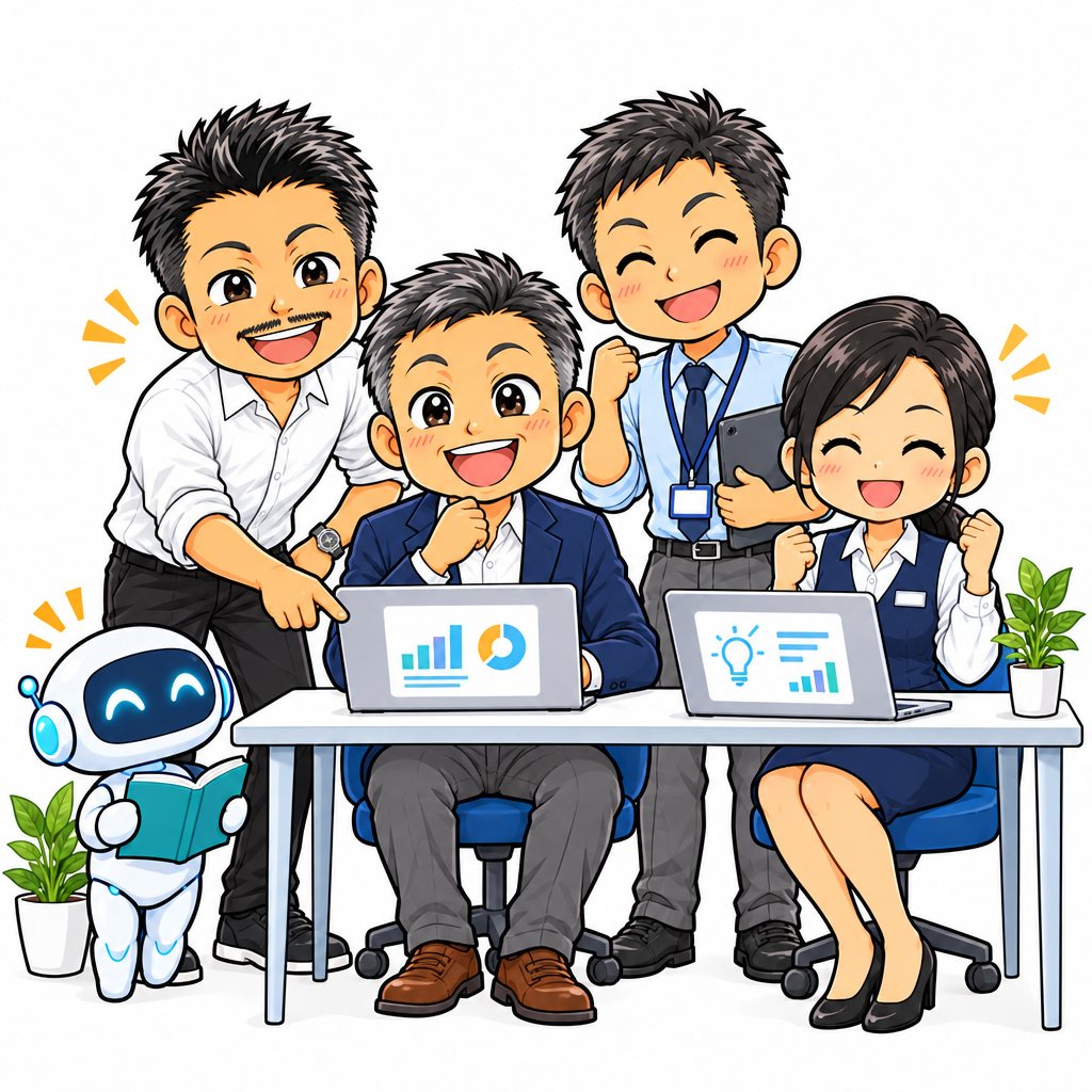石本が社長と社員にAIの使い方を教えるイラスト