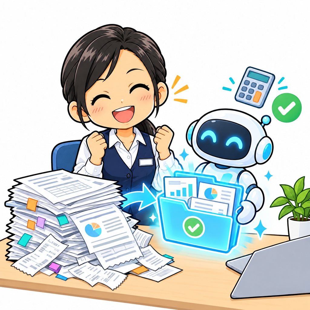 書類の山をAIロボットがデジタルにまとめるイラスト