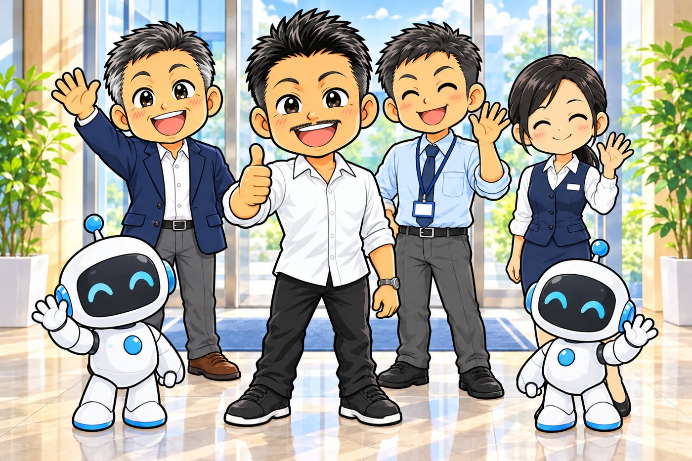 笑顔で迎える石本と社長・社員のイラスト