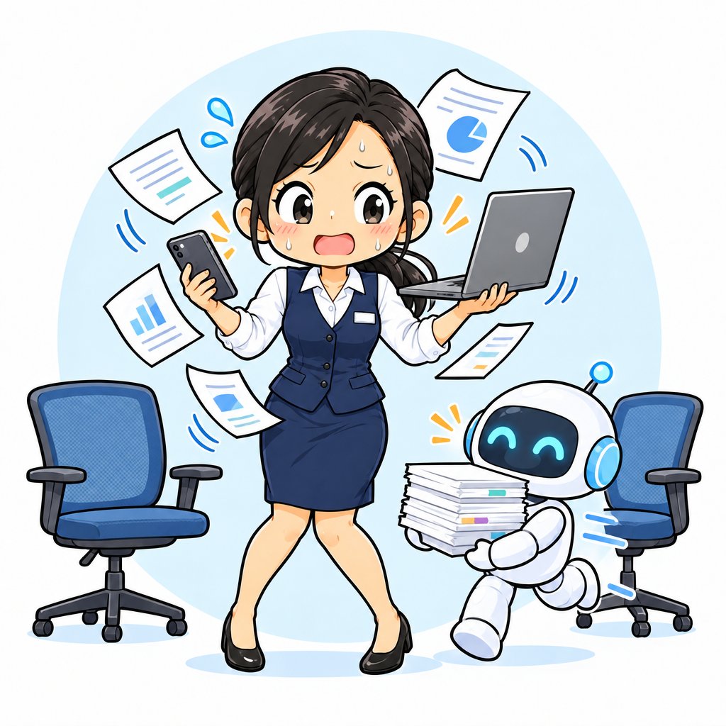 空いた席の間で仕事を抱える社員のイラスト