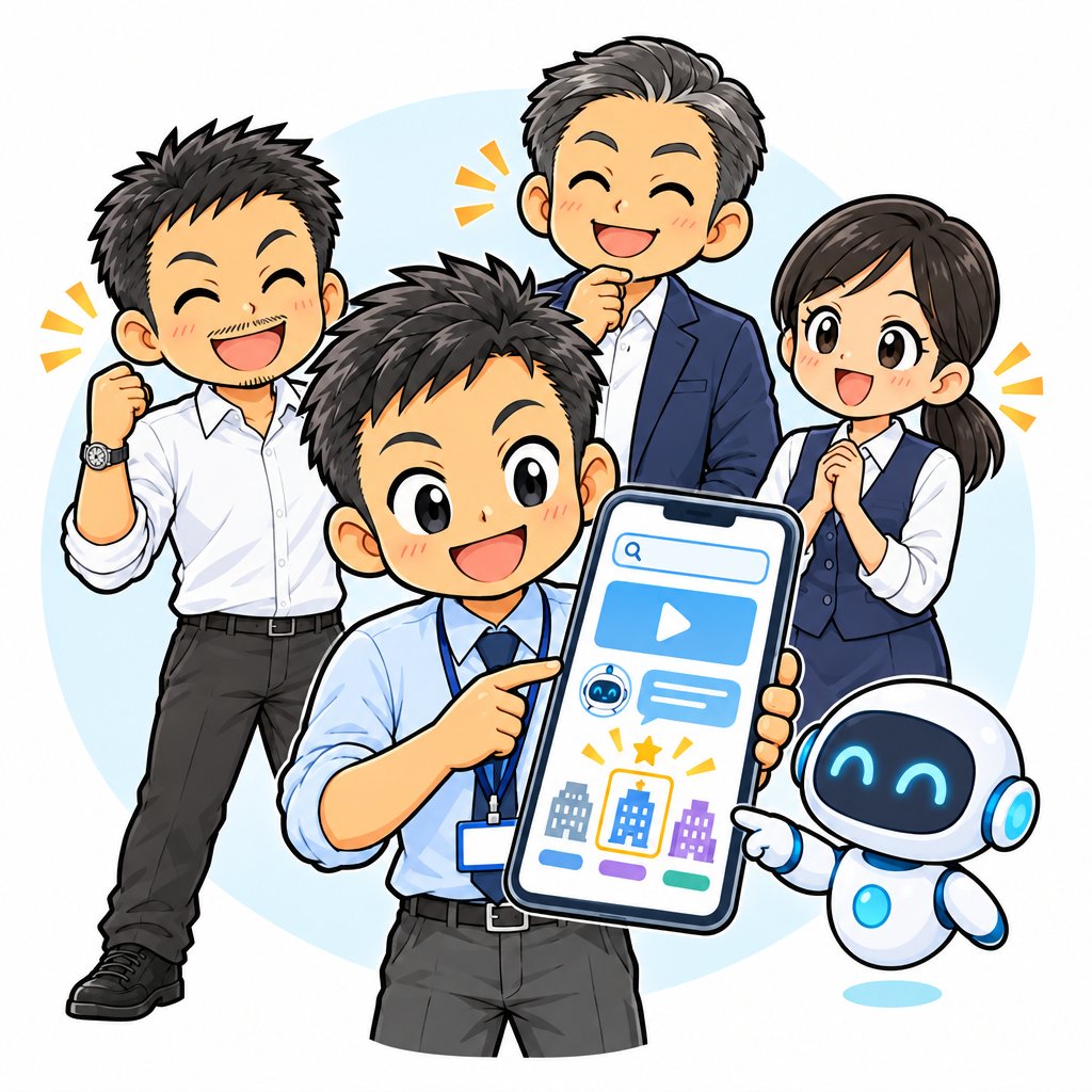 スマホとAIで会社を選ぶお客様のイラスト