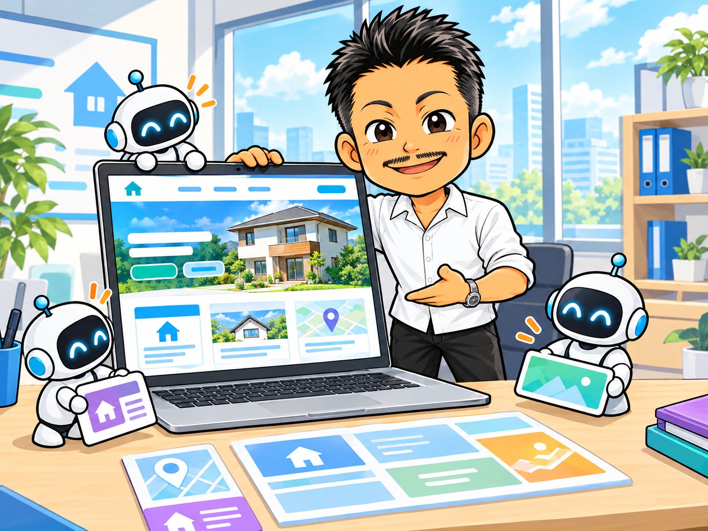 住宅会社のホームページを見せるイラスト