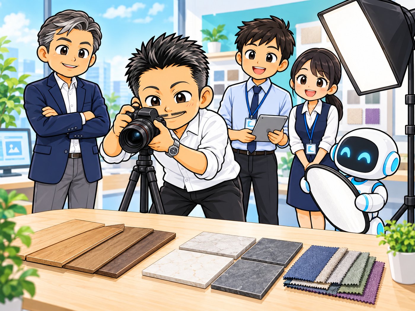 内装サンプルを撮影するイラスト