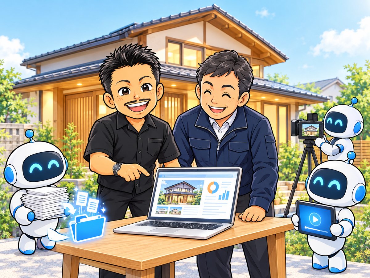 住宅会社の社長と完成した家の前に立つ石本のイラスト