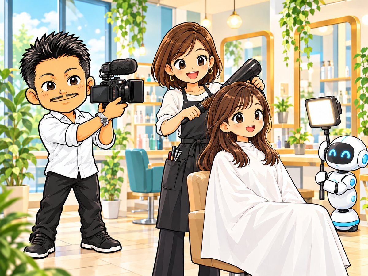 美容サロンの動画を撮影する石本のイラスト