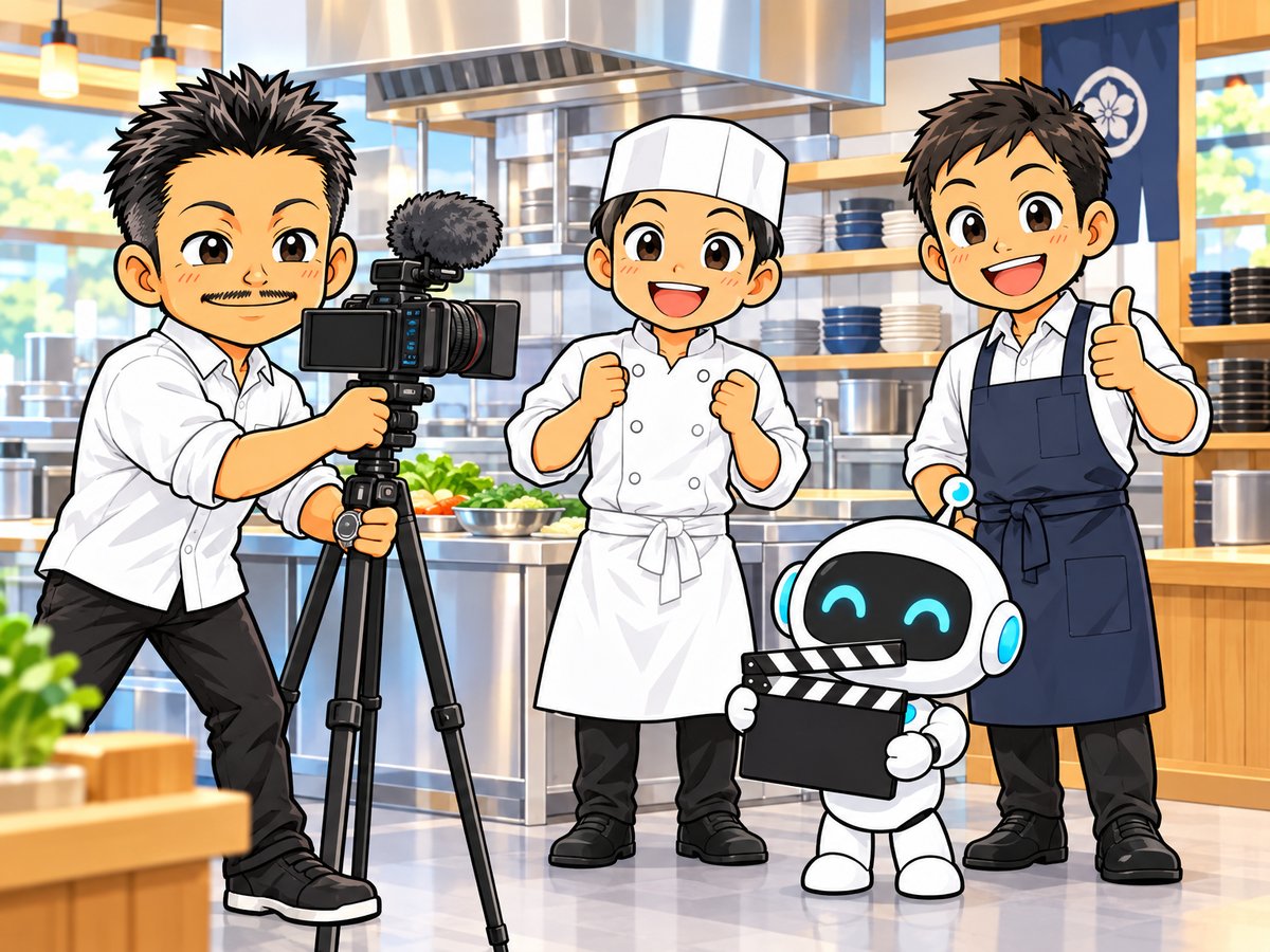 飲食店の採用動画を撮影する石本のイラスト