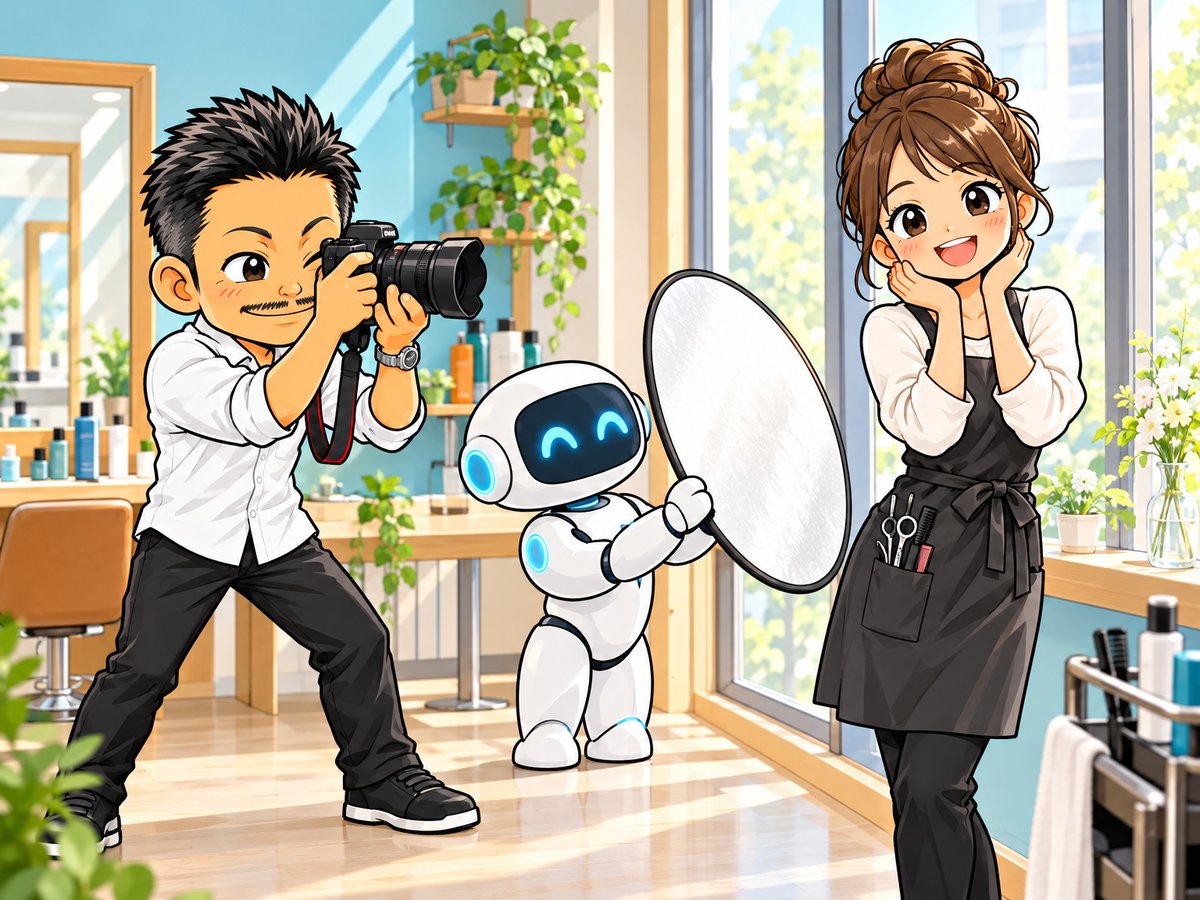 美容サロンで写真を撮影する石本のイラスト