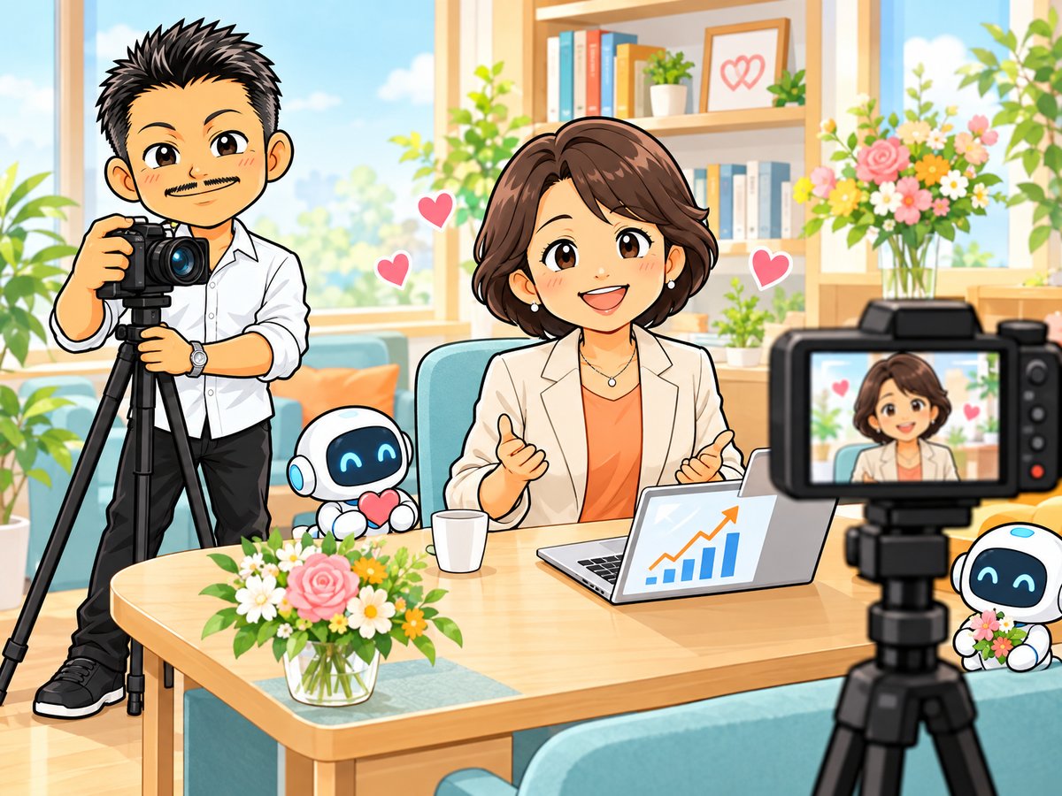 結婚相談所のYouTube動画を撮影する石本のイラスト