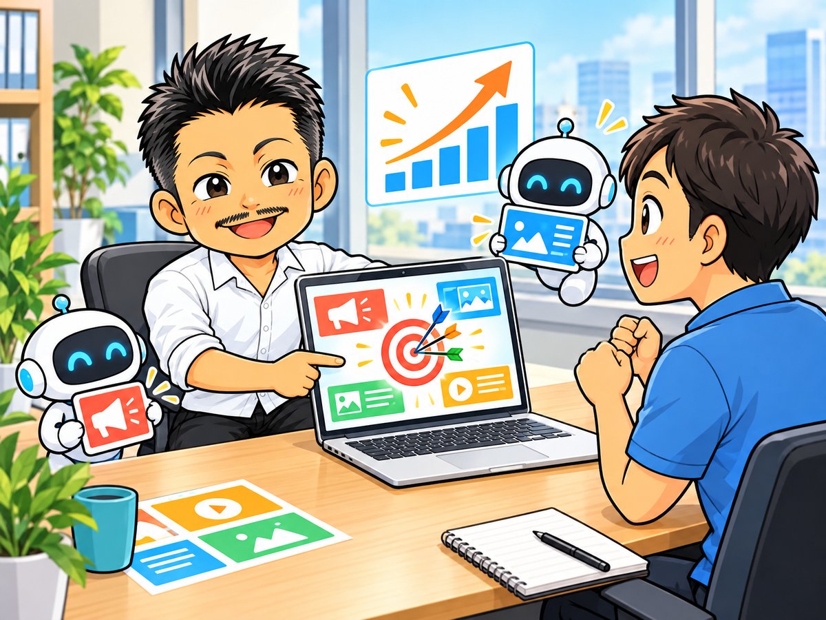 AIで作った広告を説明する石本のイラスト