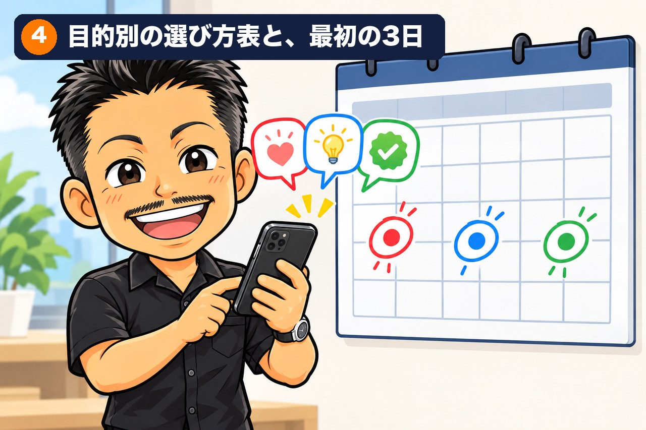 【実物】目的別の選び方表＋「最初の3日」で3つを無料で試す順