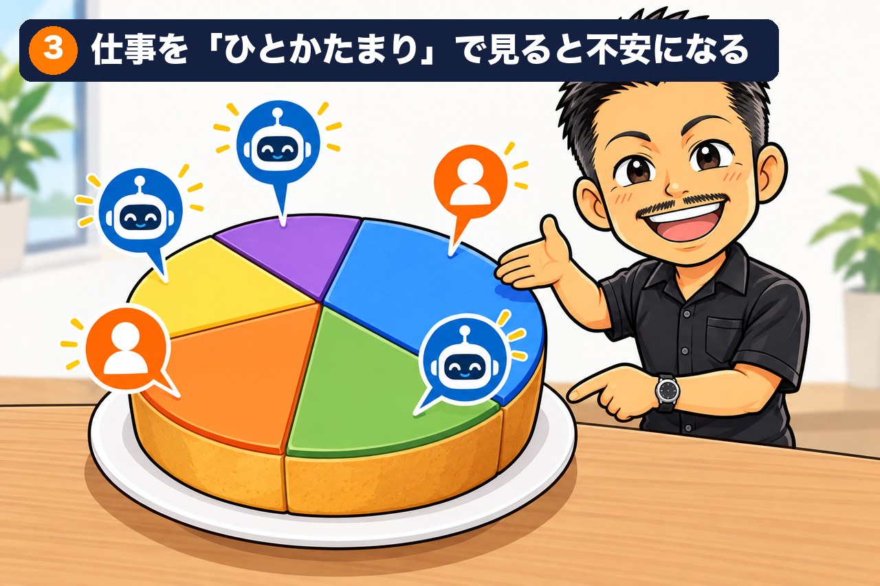仕事を「ひとかたまり」で見ると、不安になる